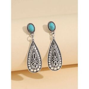 Western Water Drop Silver Turquoise Dangle Earrings